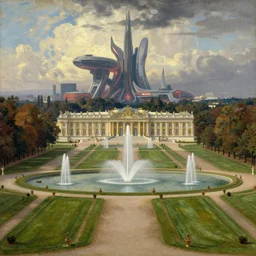 infinite dimension of the late summer palace lawns, splendorous fountains and classical architecture, by thomas cole. huge looming futuristic architecture in the distance by simon stalenhag and paul lasaine. luminism, genre painting, romanticism, naturalism, endless, neverending epic scale, volumetric lighting