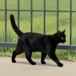 black cat with a stubby tail walking along a fence, pointillism