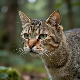 a dinosaur with the head of a cat, lightly furry, in a forest