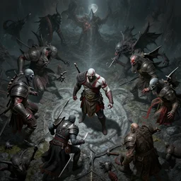 a ultra detailed 3 d vector render of kratos and the hunter in bloodborne killing the great ones, elden ring art, epic fantasy, grimdark realism, cosmic horror, liminal space, ultrawide lens, aerial photography, d & d, intricate, highly detailed, digital painting, artstation, concept art, sharp focus, octane render, art by greg rutkowski and rembrandt