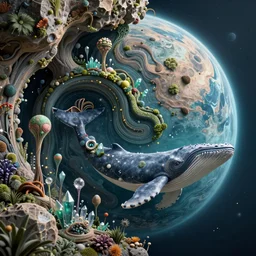 intricate alien ecosystem on a rocky planet, a cave made out of little vegetation and crystals, a elegant portrait of a whale deep under water. concept art, intricate details, highly detailed, photorealistic, octane render