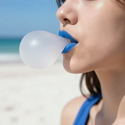 girl with blue lips chewing bubble gum on a white sand beach 4k quality super realistic