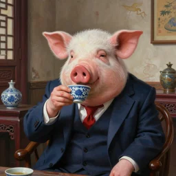 portrait painting of a pig wearing a suit drinks chinese tea in a shabby chinese room by wenjun lin, irakli nadar, bright colors, octopath traveler, wenjun lin, unreal engine 5 highly rendered, global illumination, 9 radiant light, detailed and intricate environment