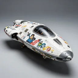 an advanced single passenger spaceship with trashy decals