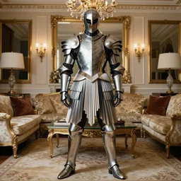 a paladin wearing issey miyake armor while posing in a luxurious living room, portrait, fashion photography, by mario testino, davide sorrenti, jemal shabazz