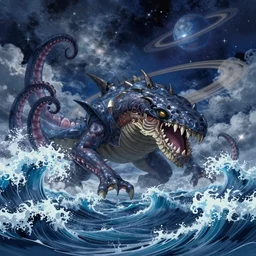 treasure planet, kraken monster in a stormy sea with huge waves, huge tentacles, clouds, stars, rings, beautiful lighting, vivid colors, intricate, elegant, smooth, concept art, cinematic, unreal engine, wallpaper, by syd mead, terada katsuya, atey ghailan, svetlin velinov, makoto shinkai art style