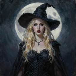 portrait of beautiful blonde woman as a Dark evil witch, big moon in the background, oil painting by very good artist