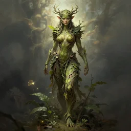 martial artist dryad, woman made of plants, bark for skin, fantasy character portrait full body concept art, intricate details, by greg rutkowski, gaston bussiere