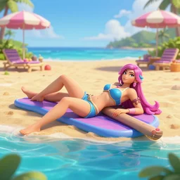 beautiful render of pool party Caitlyn (league of legends) laying down in hawaii beach, 3d, octane render, realistic, highly detailed, trending on artstation