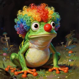 Clown Frog King, the movie, poster art by Frank Frazetta, Clown frog king pepe reigns over the battlefield, rainbow wig and clown nose