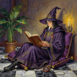 a pastel painting of a wizard, ornate robes, lounging on a purpur pillow on the marbled checkered floor in her study room reading an ancient tome. to the side is a potted plant, moody candlelit raytracing. ancient oriental retrofuturistic fantasy setting. 4 k key art. by yoshitaka amano and mark tedin