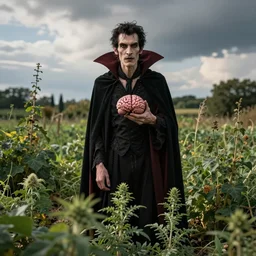 scrawny Dracula growing brains in his weed garden, high resolution photography, against the day