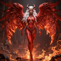 full length complex 3 d hyper realistic smooth ultra sharp render of a gorgeous!! white hair fiery chained red skinned demoness viking warrior bikini | goddess of beauty, fallen angel, medieval, fantasy | high detail, 4 k, hd, symmetrical, proportional, cinematic, epic scene | art by oh jinwook + 吵 集 仁 儿 on artstaion + takeshi obata + alphonse mucha + jim lee