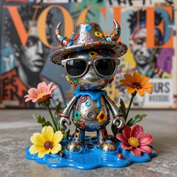 a hand made out of melting metal, it is of random colors, it is wearing sunglasses and a hat, there are flowers all around it, blue paint melting, vogue cover style, greg rutkowski style, demonic style, artgerm style, basquiat style