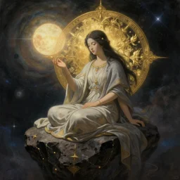 breathtaking detailed concept art painting of the goddess of the universe, orthodox saint, sitting on a rock, sun in left loon on right golden details, by Hsiao-Ron Cheng, James jean, Miho Hirano, Hayao Miyazaki, extremely moody lighting, 8K