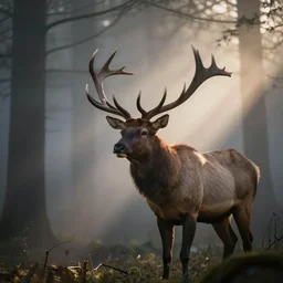 an alert elk with branches as antlers in a foggy forest, epic scene, extremely detailed masterpiece, extremely moody lighting, glowing light and shadow, atmospheric, shadowy, cinematic, god light rays