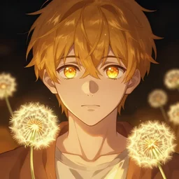 amber glowing luminescent dandelion male anime character, symmetrical, highly detailed, digital art, sharp focus, trending on art station, amber eyes, glowing autumnal colours