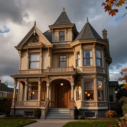 richly decorated Victorian house, modern, beautiful, detailed wood, photorealistic, photorealism, lightning, clouds, smoke, the autumn light comes in through a window, diffuse light, vivid cybernetics