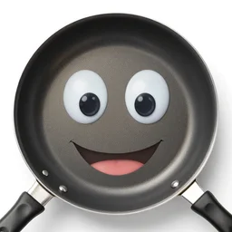Frying pan with eyes, smiling, high quality, photorealistic