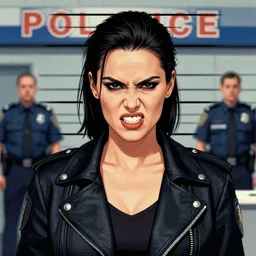 police station bg. high - end criminal attire. mugshot head portrait photograph of an attractive charismatic lady criminal with a bad attitude in a police station. snarling expression. mean. symmetrical portrait. grainy!!!!!!. pulp novel illustration by artgerm, greg rutkowski, alphonse mucha. trending on artstation. 8 k.