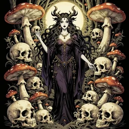 fantasy comic style full body portrait of a gothic fairy surrounded by skulls and mushrooms, in the style of wendy pini and Æon Flux, intricate, fine inking lines, extremely detailed, flat colors