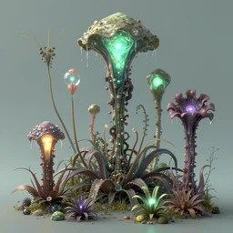 scientific botanical illustration of beautiful alien plants with glowing parts, with slimy tentacles, trending on artstation, by james jean, hyper realistic, raytracing, rendering, synthwave color scheme