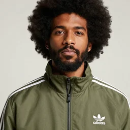 black man with afro hair and raspy beard stubble, wearing an army green adidas jacket by dave mckean