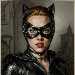 engraving of portrait of scarlet johansson as catwoman by albrecht durer