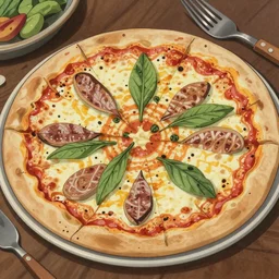 a Delicious pizza, by studio ghibli painting, by Joaquin Sorolla rhads Leyendecker, An aesthetically pleasing, dynamic, energetic, lively, well-designed digital art of a pizza, overlaid with aizome patterns, by Ohara Koson and Thomas Kinkade, traditional Japanese colors, superior quality, masterpiece