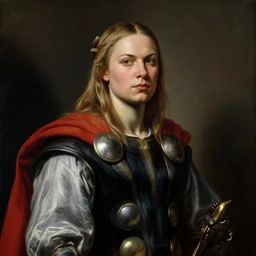 a astonishing portrait of greta thumberg as thor by caravaggio, neoclassical painting