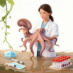 a tall female pathology student holding an octopus, a river flooding inside, medical supplies, vines, medical mask, syringes, pathology sample test tubes, pigs, plants in glass vase, water, river, rapids, canoe, pomegranate, berries dripping, waterfall, swans, acrylic on canvas, surrealist, by magritte and monet