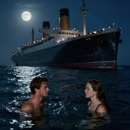 jack and rose both floating on a detached door in the cold dark waters of the atlantic ocean, as the towering titanic sinks in the backdrop, night, hyperrealistic, cinematic, moonlit