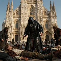 dramatic oil matte painting, plague doctor collecting bodies of a plague victims outside a baroque cathedral, detailed faces, wonderful masterpiece highly detailed, beautiful cinematic light deep focus, elegant, smooth, sharp focus, golden ratio, dramatic illumination, ultra realistic, 8 k, art by salvator rosa