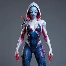 a portrait photograph of spider gwen as a mutated harpy super villian with slimy amphibian blue skin. she is wearing a colorful living organic infected catsuit with tendrils and slime. by donato giancola, hans holbein, walton ford, gaston bussiere, peter mohrbacher and brian froud. 8 k, cgsociety, fashion editorial