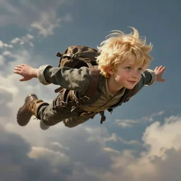 a young blonde boy fantasy thief flying through the clouds, andreas rocha style