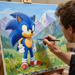 a closeup photorealistic photograph of bob ross working on a canvas painting sonic the hedgehog. film still. mountain scape. brightly lit scene. this 4 k hd image is trending on artstation, featured on behance, well - rendered, extra crisp, features intricate detail, epic composition and the style of unreal engine.
