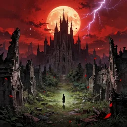 abandoned bloodborne old valley with a person at the centre and a ruined gothic city at the end with a big castle, trees and stars in the background, falling red petals, epic red - orange moonlight, perfect lightning, wallpaper illustration by niko delort and kentaro miura, 4 k, ultra realistic