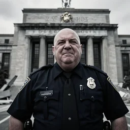 noir portrait of old, fat, bald, police chief lorenzo, getting the last laugh as the federal reserve system collapses