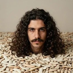 man with long curly dark hair and a mustache surrounded by beans