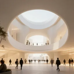 the inside of a building by tim blandin and arthur haas and bruce pennington and john schoenherr, architecture by zaha hadid, octane render, warm colour scheme, white, cinematic, scenery, high detail, high quality, close up angle, people walking