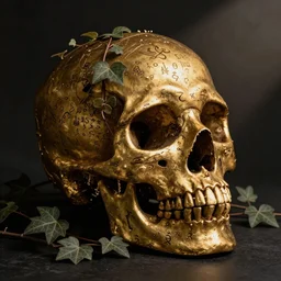 chiaroscuro Baroque Still life photo of golden skull etched with detailed and intricate ancient runes, overtaken by plant ivy filigree, lit by a single god ray of shining light.
