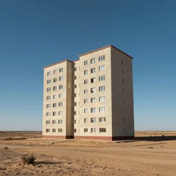 A post-soviet average Polish residential block standing alone in the middle of an empty desert, sunny weather