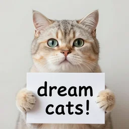 realistic high quality photo of a cute cat holding a sign with text that reads :!!!! dream cats!!!!