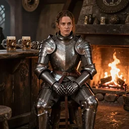 kate beckinsale weared in full plate armor, sit in fantasy tavern near fireplace, behind bar deck with bear mugs, medieval dnd, by Adam Lane