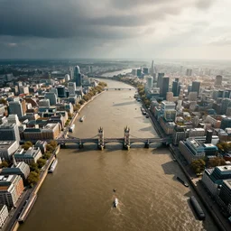 London, drone above the Thames, the Thames is dry, there's a heatwave and a mirage effect, apocalyptic future, anamorphic, cinestill cinematography, unreal engine, 8k