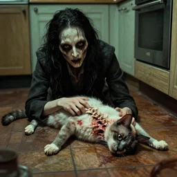 cinematic colorful horror artwork by artgerm, beksinski, bernie wrightson, jean delville ; real life full portrait of dead cat with neck twisted head touching spine, lying on kitchen floor ; haunting, brutal scary terrifying, 8 k hdr, creepy intricate ; dramatic lighting, insanely detailed
