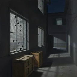 a beautiful painting digital  of a dark alley room at night with broken windows with wooden crates metal grids by Tadao Ando