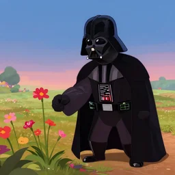 darth vader picking flowers in the countryside, pixar animation