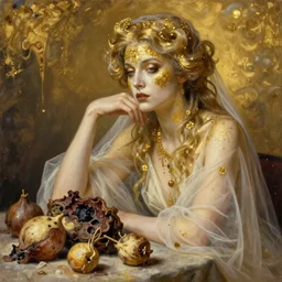 masterpiece ultrarealistic ultradetailed stefan gesell medium shot painting of immerse slimy veiled lady beside rotten fruit still life, elegant, dramatic lighting, greg rutkowski, 1 9 th, special effects makeup, maximalist, glittering, gold, ivory, hyperreal, golden ratio, alphonse mucha