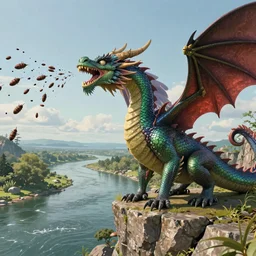 a beautiful hyper realistic 3d render of a dragon spewing locusts from its mouth perched upon a riverside cliff, by goya, Atey Ghailan, ghibli, unreal engine, octane render, brilliantly colored, ultra wide angle, trending on artstation, HDR, polished, micro details, ray tracing, 8k